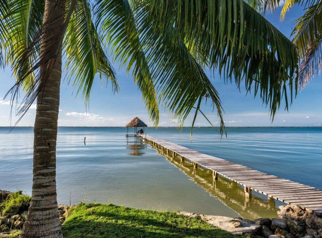 2AX8HPX Boardwalk, palapa near Cerro Maya, ruins over Corozal Bay, Caribbean Sea coast, near village of Copper Bank aka San Fernando at Cerros Peninsula, Coro