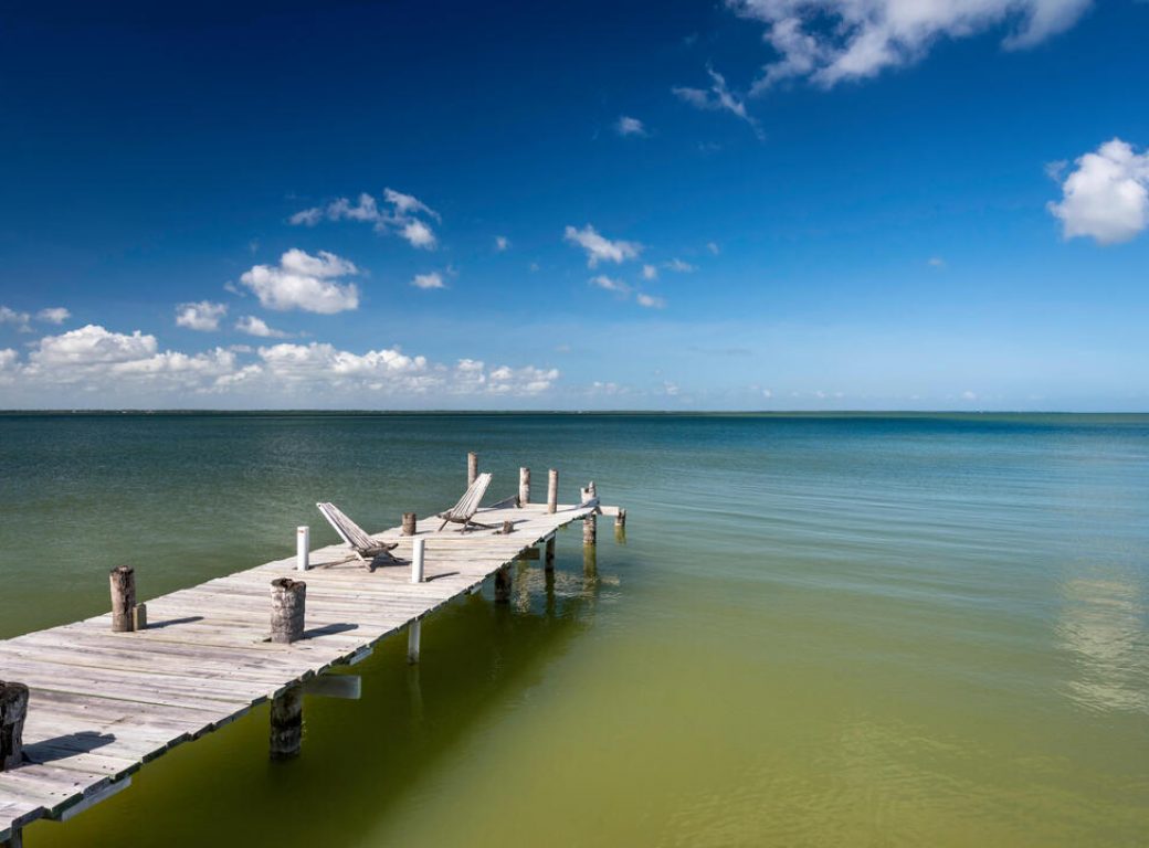 ERAM5W Boardwalk at Corozal Bay seashore, Caribbean Sea coast, Cerros Beach Resort, Cerros Peninsula, Corozal District, Belize